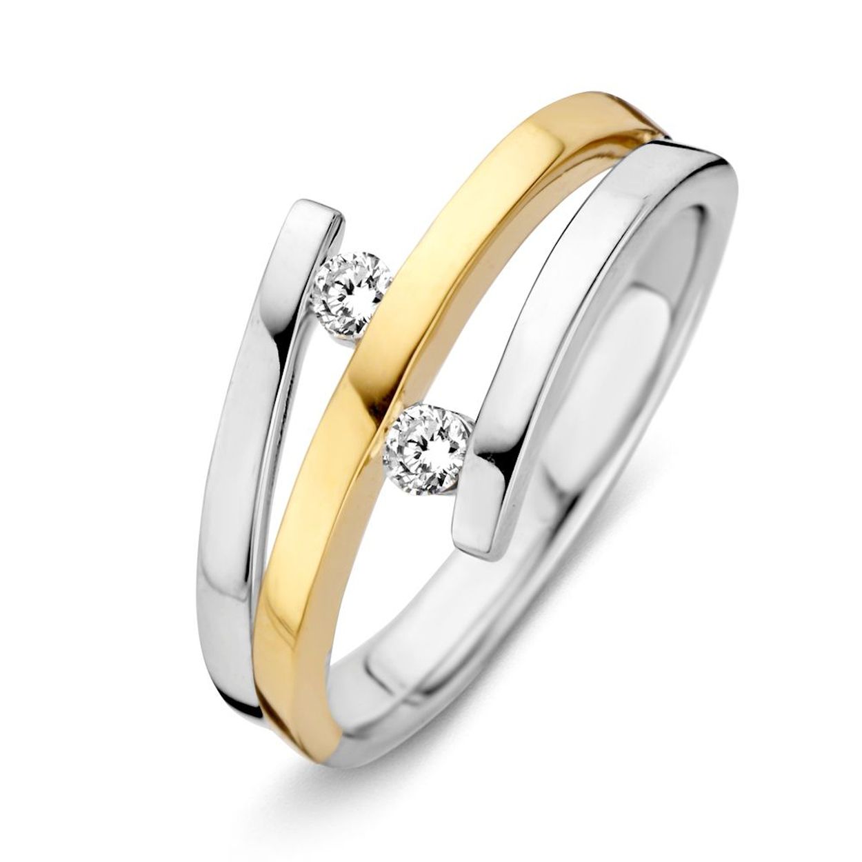 Gouden damesring, bicolor met 2x 0.06 crt briljant 
geslepen diamant. Ringmaat 58