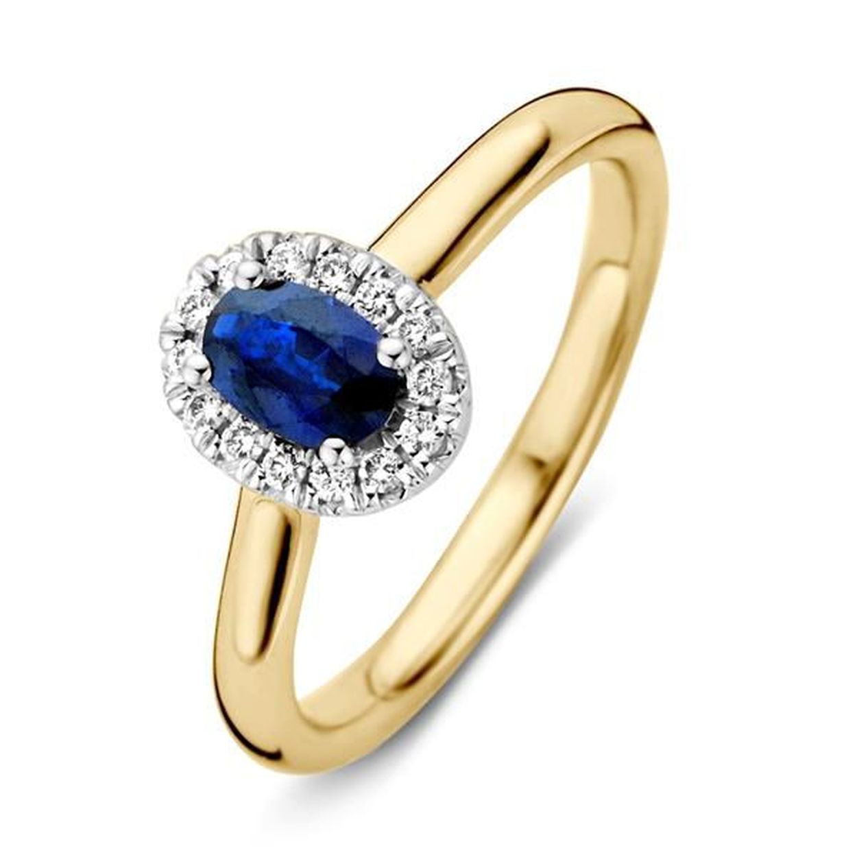Ring bicolor met briljant geslepen diamanten + blauwe saffier Maat 56
totaal 0.13 crt.