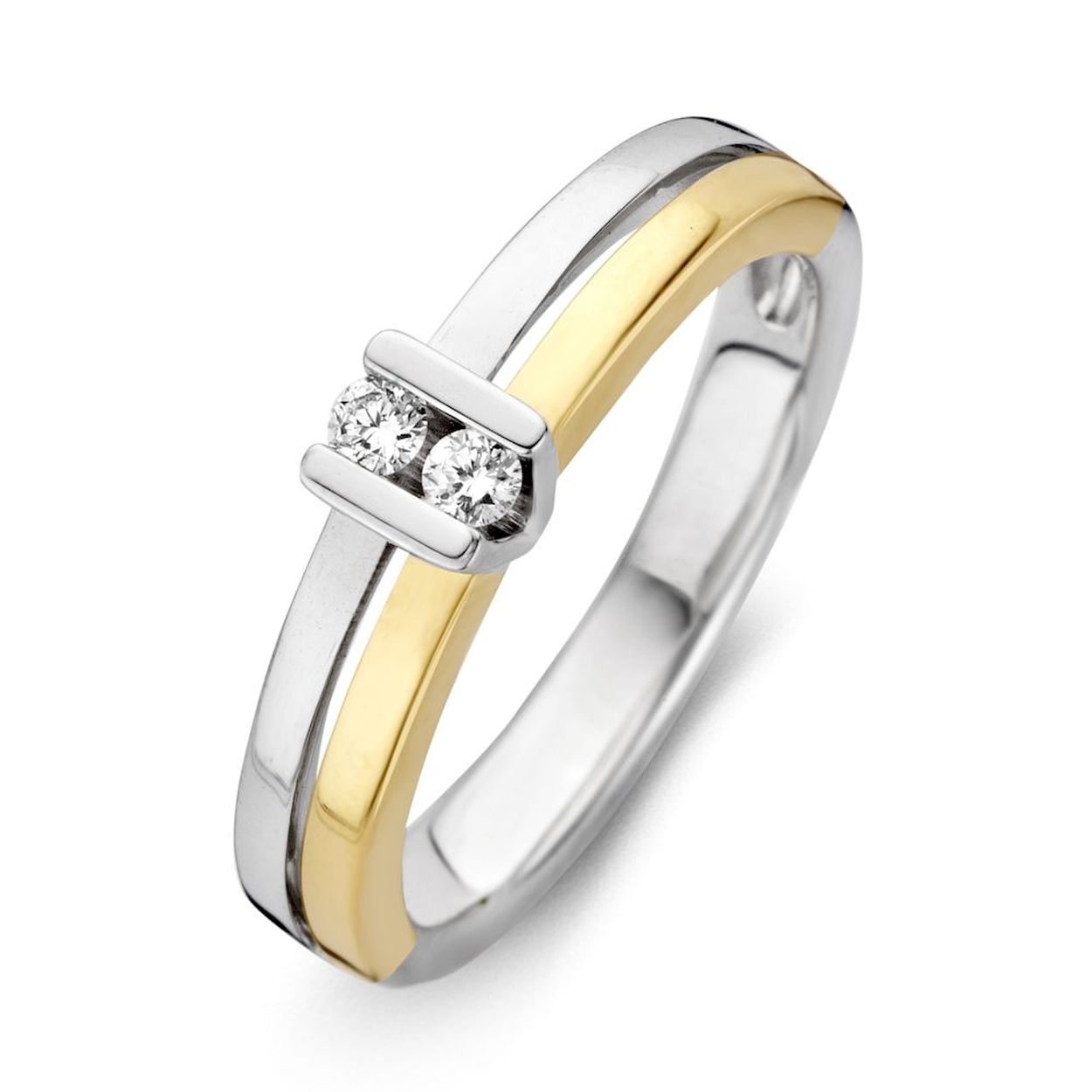 Luxe gouden ring gezet met 2 fonkelende briljant geslepen diamanten.
Maat 56 en verkrijgbaar in diverse andere maten