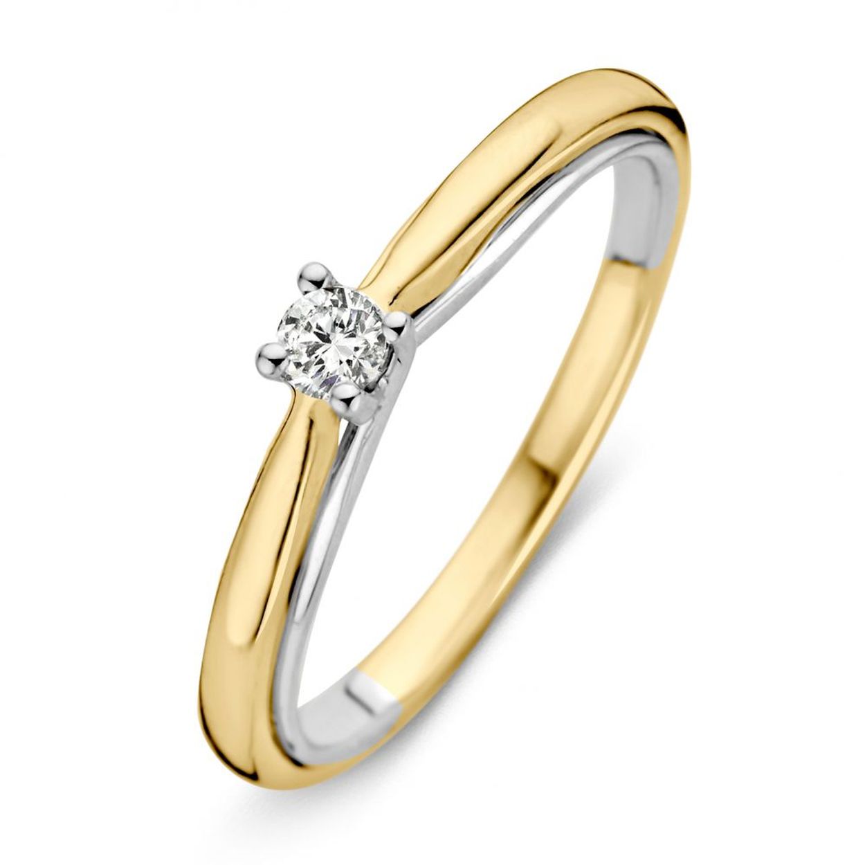 Een mooie wit en geelgouden solitair ring met  0.10 ct diamant.
Deze 2 kleuren ring is altijd goed te combineren en geschikt als aanzoeksring.