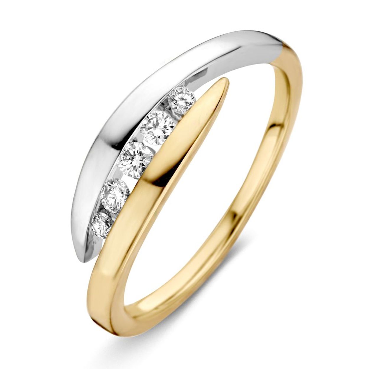 14 karaats bicolor gouden damesring met diamant 0.16 crt. maat 58