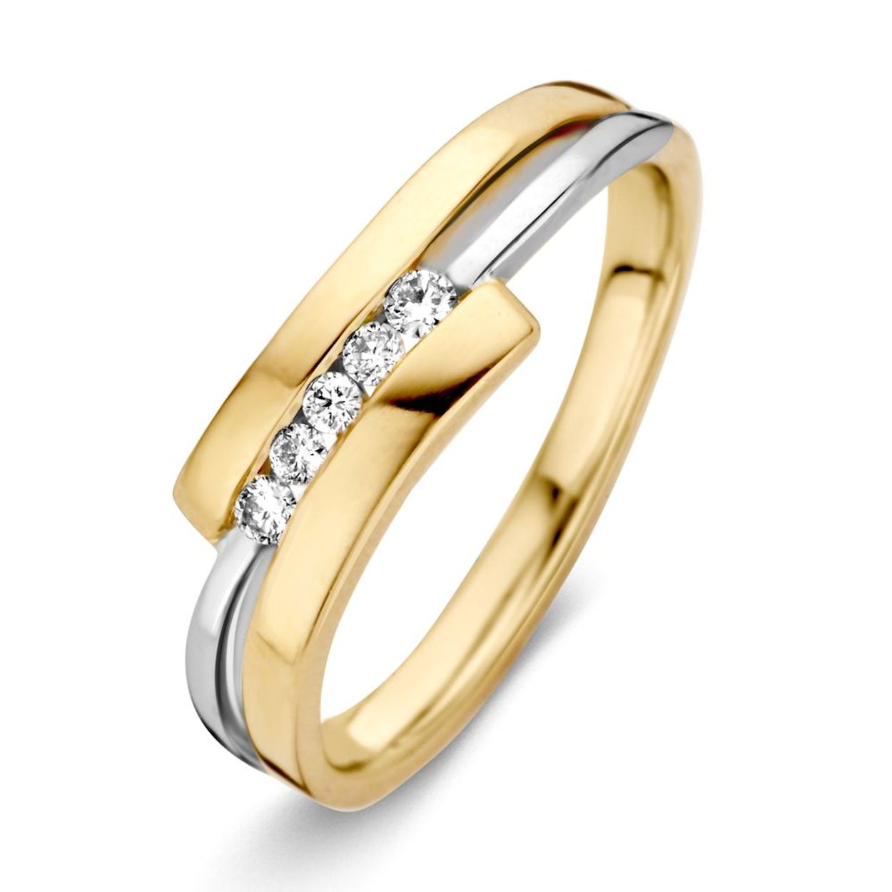 14 Karaat luxe geel met witgouden dames fantasie ring met 0,11 crt briljant H/SI.