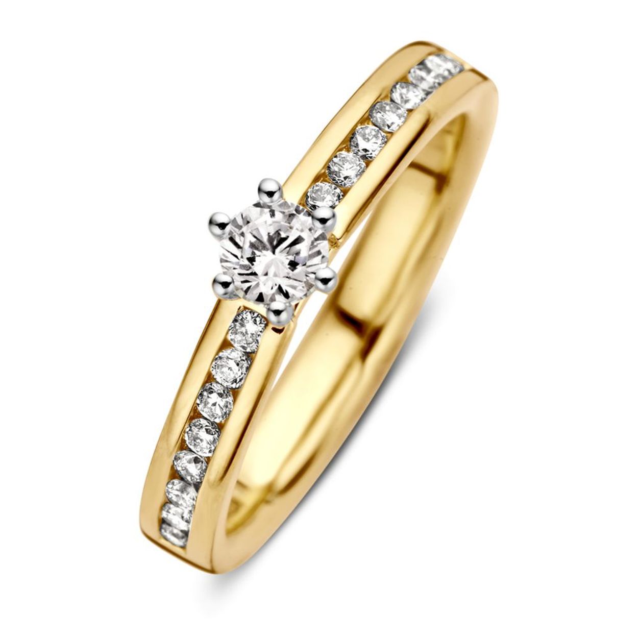 Ring bicolor met briljant geslepen diamant

Totaal 0,50 crt 

Middensteen 0.25 crt

Maat 56 voorradig, van maat 50 tot 60 te bestellen