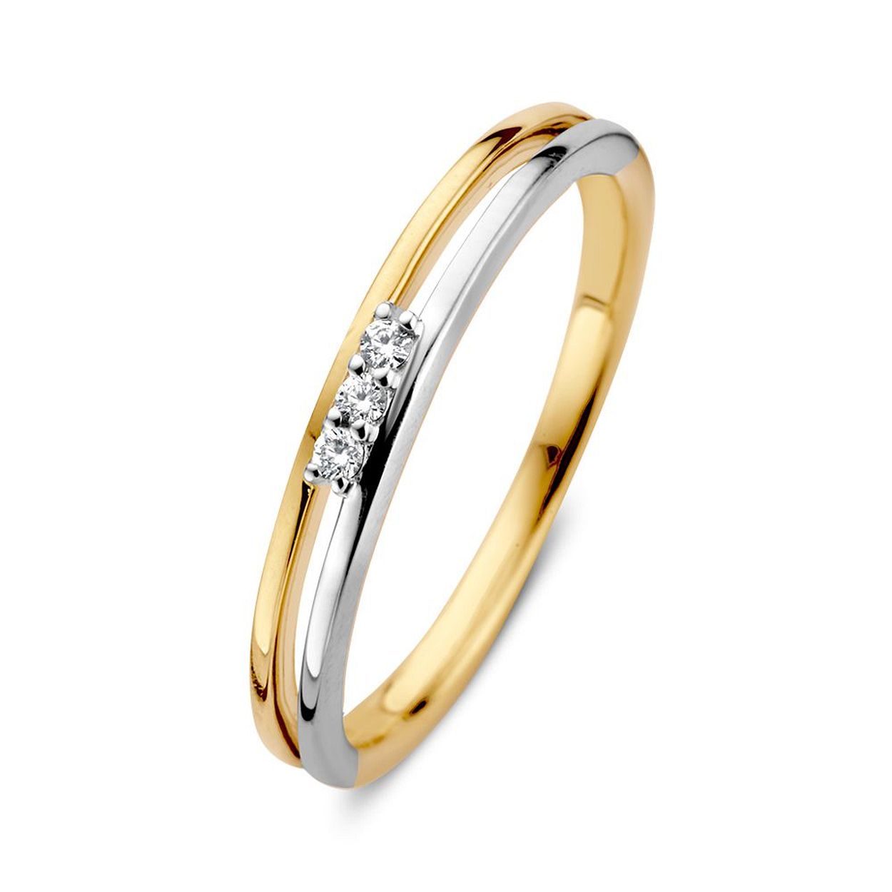 Smalle bicolor gouden damesring met 3 briljanten in strak design.
 
