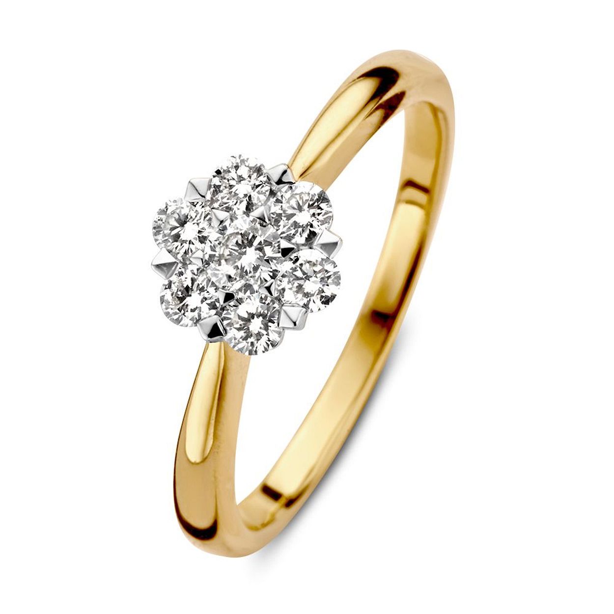 Een stijlvolle entourage ring met diamant. De ring heeft een geelgouden scheen, met een sierlijk taps toelopend design. De diamanten zijn in witgouden zetting gezet, waardoor ze optimaal zullen schitteren. De ring is dankzij de verhoogde zetting goed te combineren met andere (aanschuif)ringen.
 
