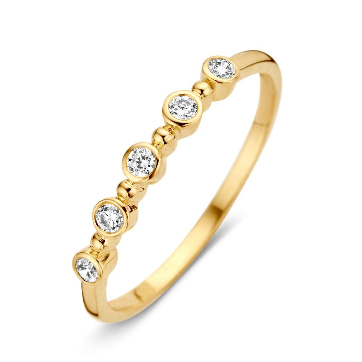 Ring geelgoud met kleine ronden kastjes met zirkonia Maat 56