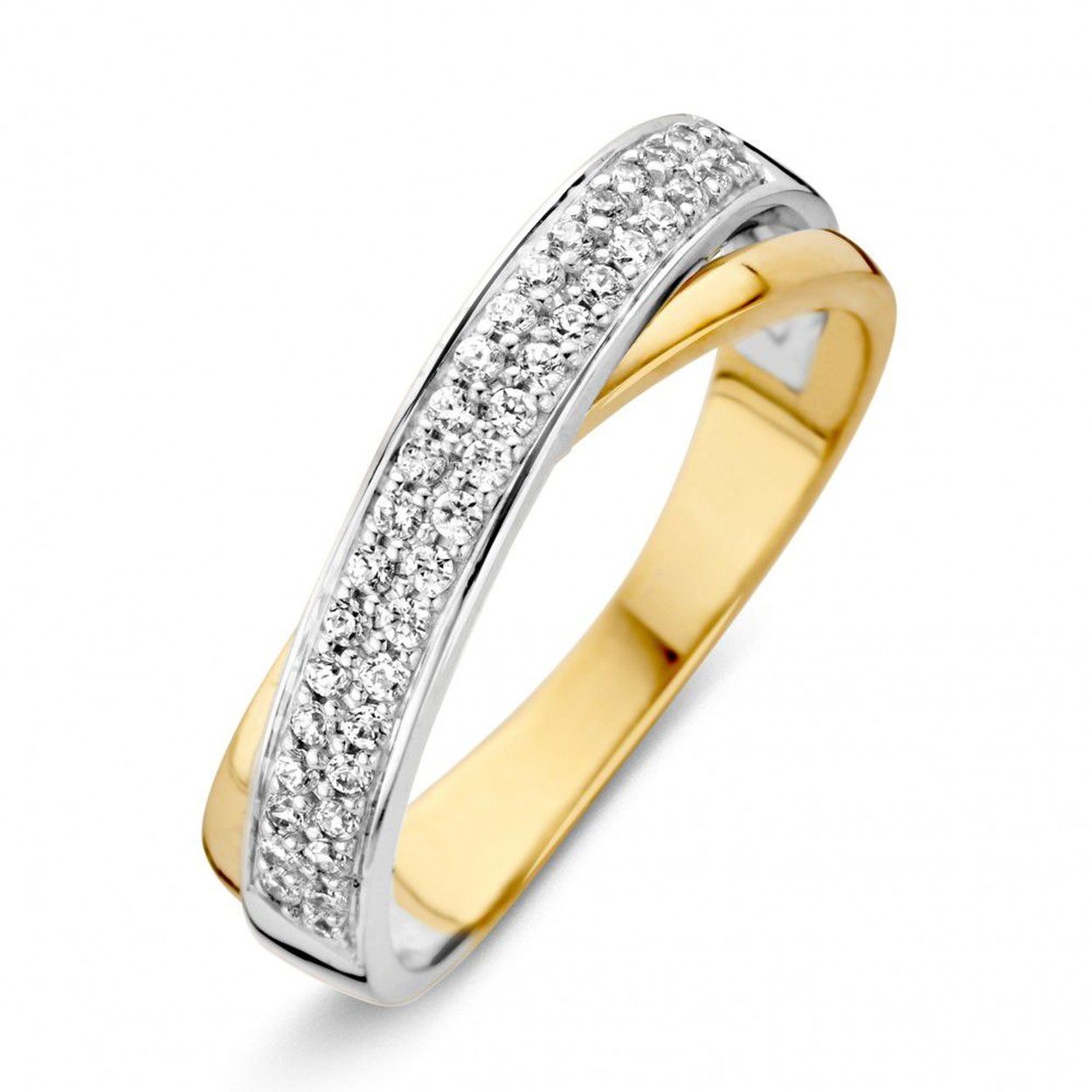 14 karaat bicolor geel- met witgouden cross over ring met zirkonia's.