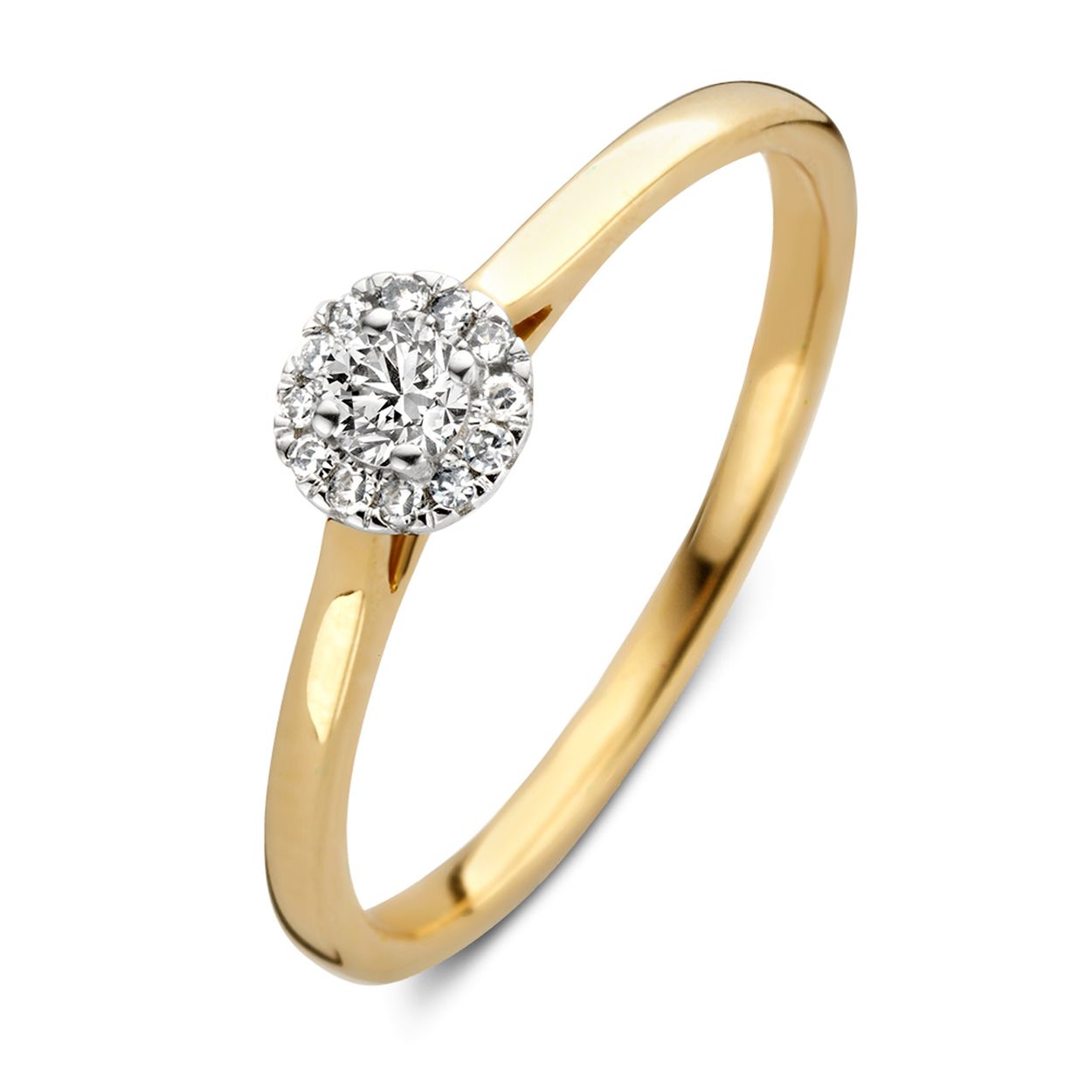 14 karaats geel- met witgouden ring met diamant 0.15 crt.
Maat 56