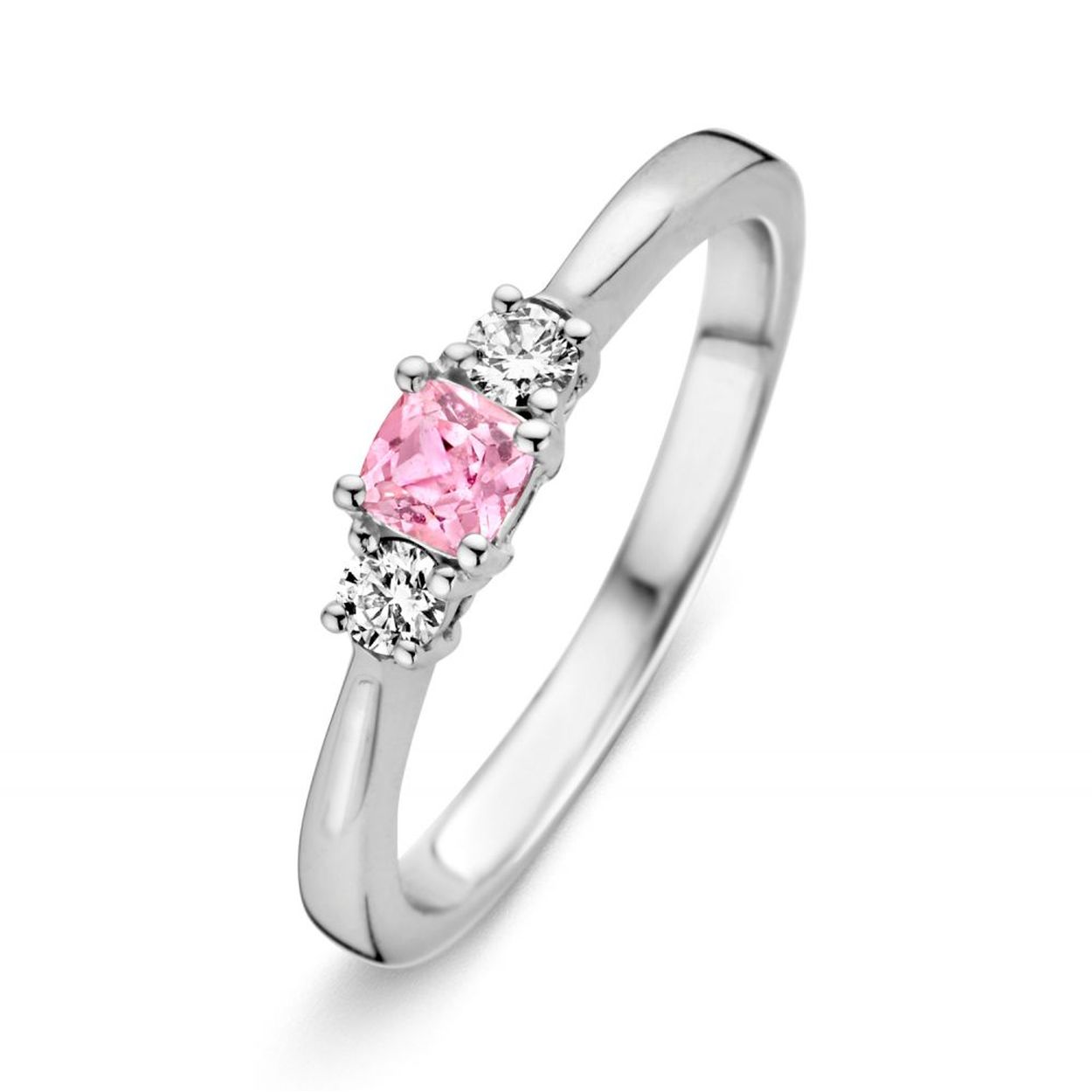 Ring witgoud briljant  en  roze saffier Maat 56