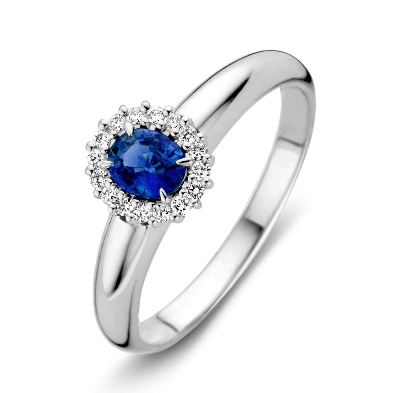 14 karaats witgouden damesring met diamant 0.10 crt en blauwe saffier maat 56