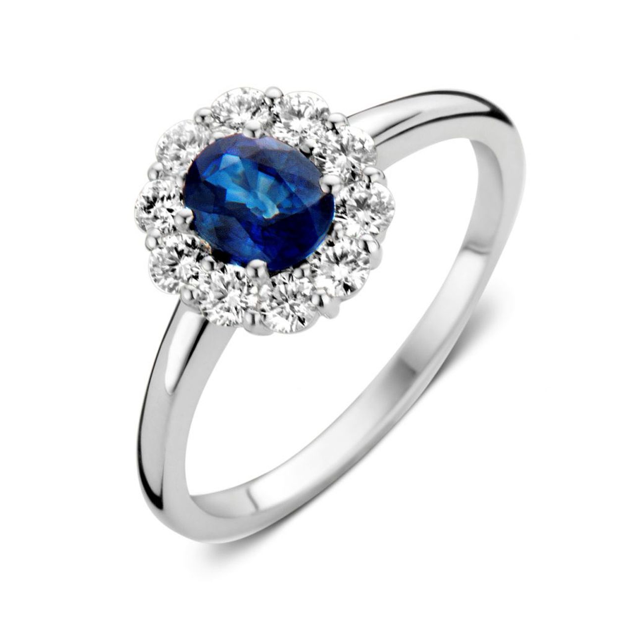Ring witgoud briljant en saffier Maat 56