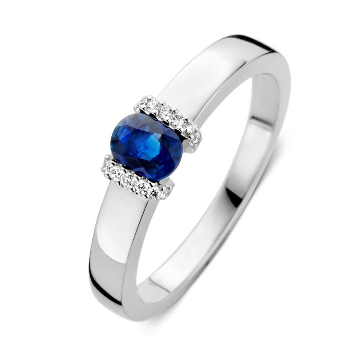 Ring witgoud briljant en saffier Maat 56
