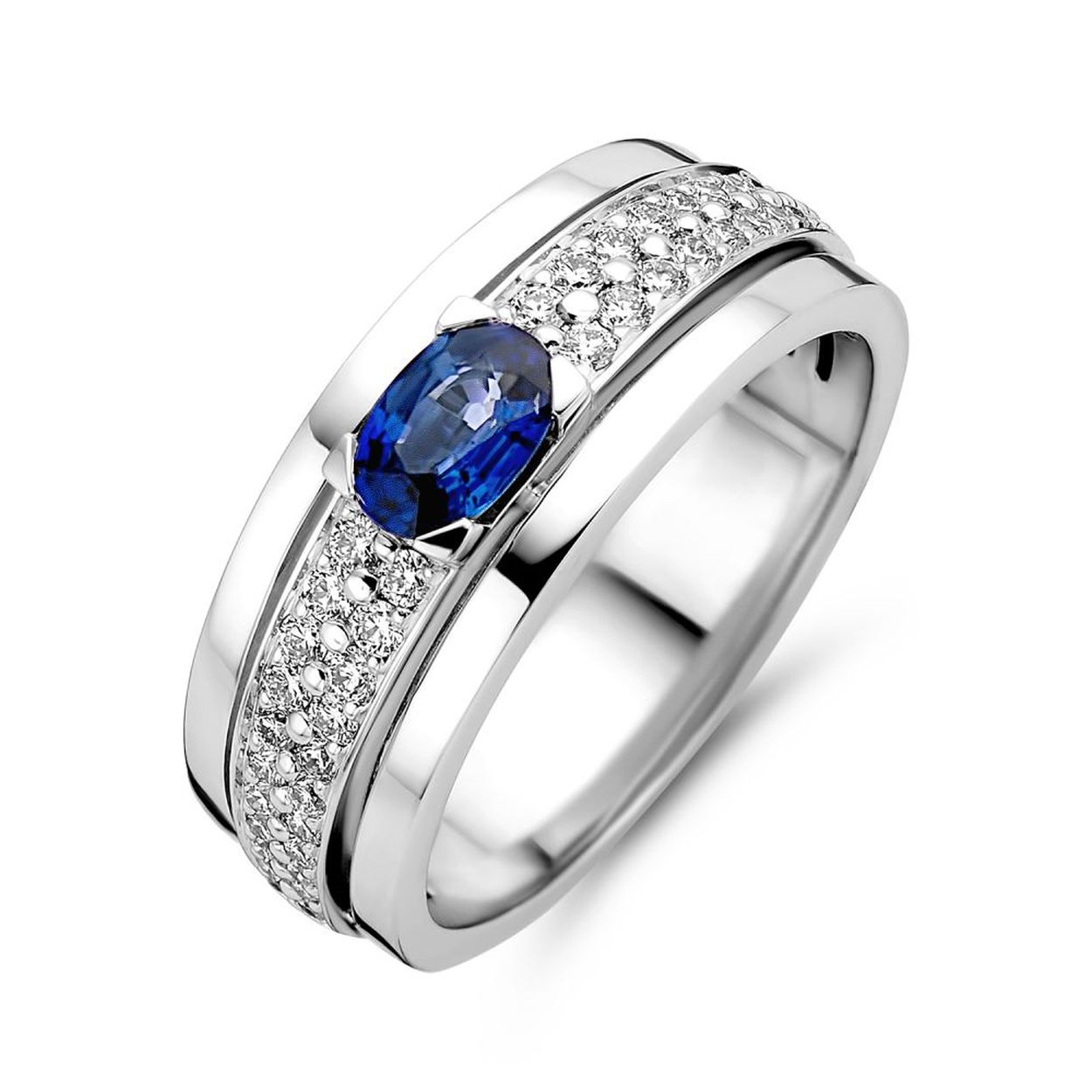 Ring witgoud briljant+saffier Maat 56
