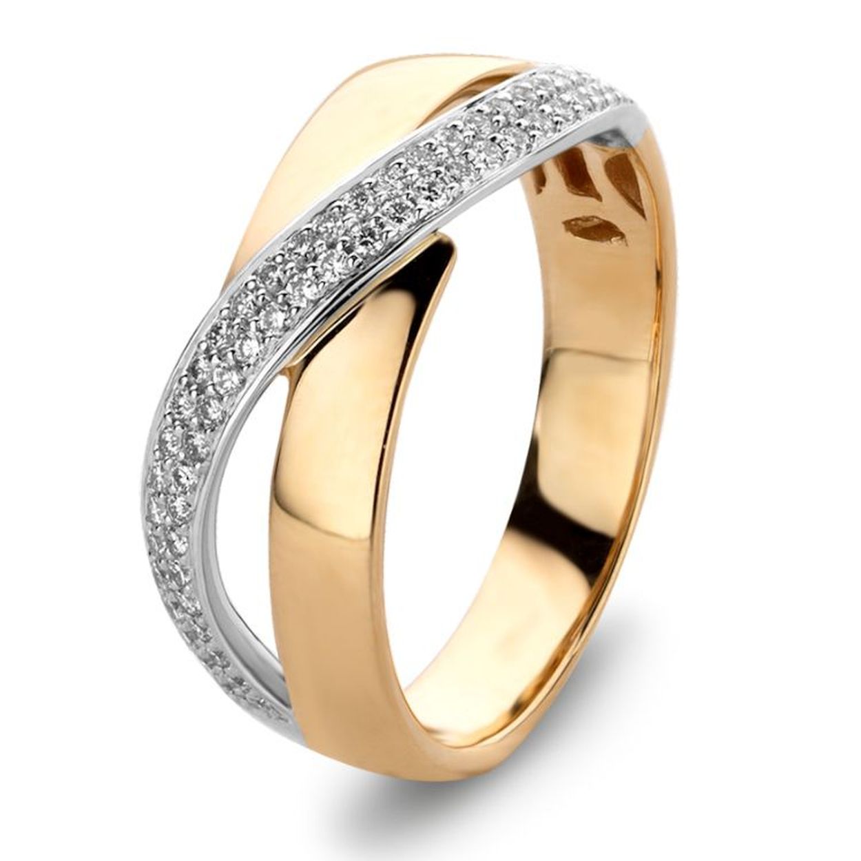 Ring bicolor met briljant geslepen diamant 

Cross-over model

Leverbaar in diverse maten