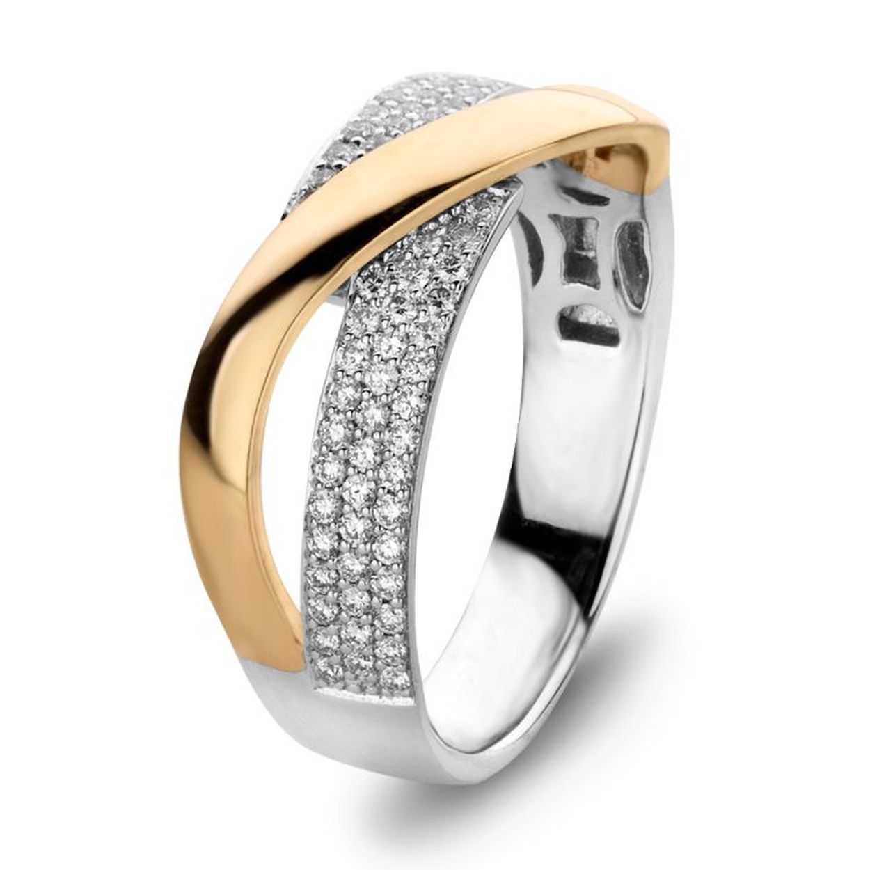 14 krt.gouden fantasie ring met diamant, briljant geslepen. Totaal 0.37 crt. diamant.