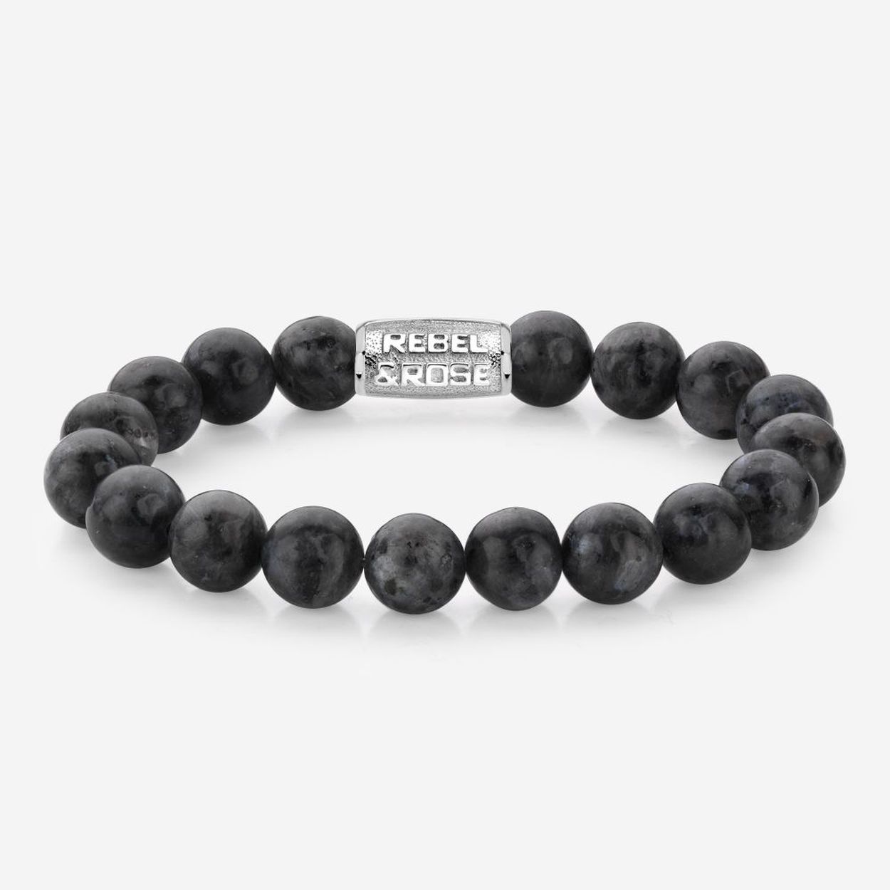 Natuurstenen armband van het merk Rebel & Rose. De armband heeft een hoogwaardige elastische stretch koord, 10mm grijze Larvikite natuurstenen beads en RVS slotje