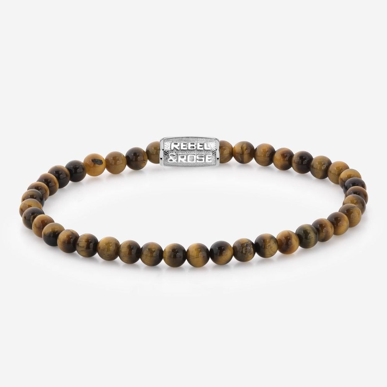 Natuurstenen armband van het merk Rebel & Rose. De armband heeft een hoogwaardige elastische stretch koord, 4mm Tiger Eye Yellow natuurstenen beads en RVS slotje