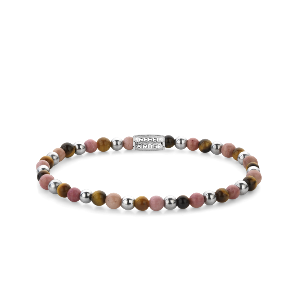 Armband van het merk Rebel & Rose. De armband heeft een hoogwaardige elastische stretch koord, met 4mm kralen van Tijgeroog, Rhodochrosiet, Bronziet.