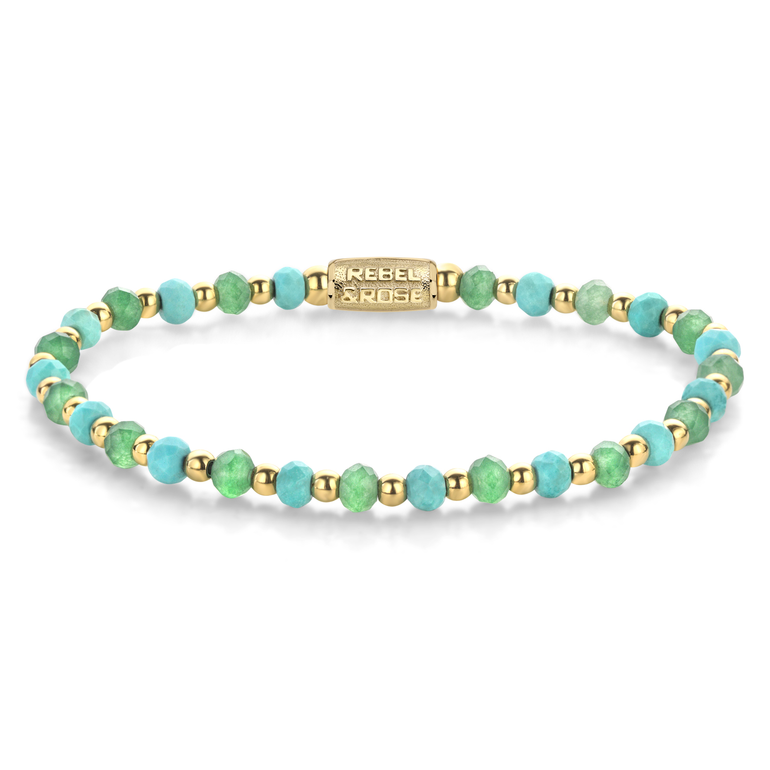 Rebel & Rose Armband Blue Green Adventure - 18 ct yellow gold ionplated RR-40143-G-S 
Dit is een armband van het merk Rebel & Rose