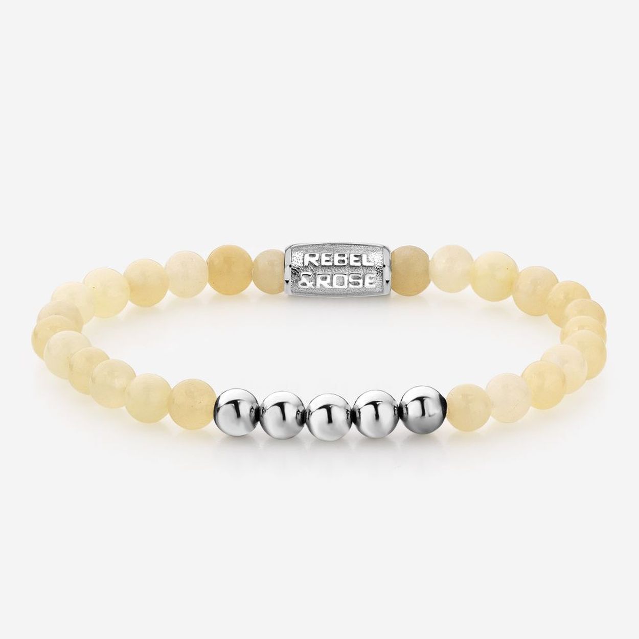 Natuurstenen armband van het merk Rebel & Rose. De armband heeft een hoogwaardige elastische stretch koord, 6mm Beige Jasper natuurstenen beads en RVS slotje