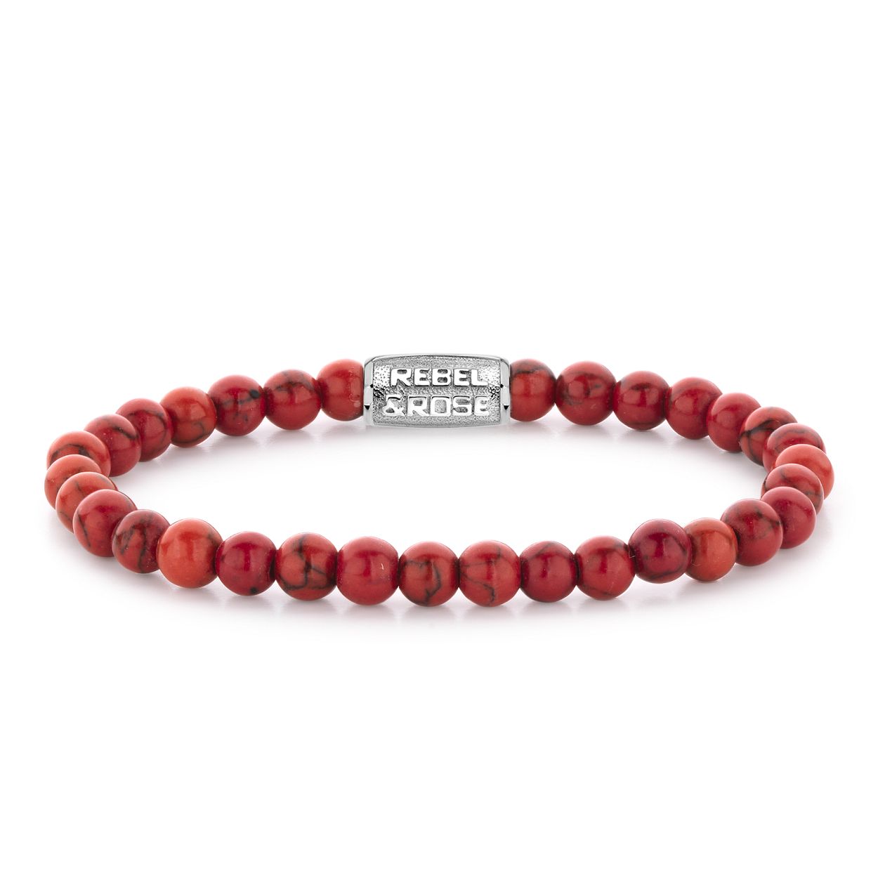 Edelstenen bead armband, handgemaakt van 6mm rode Turkoois stenen met een zilverkleurige sluiting. Het Rebel & Rose sieraad is makkelijk te combineren met andere zilveren, leren of kralenarmbanden.