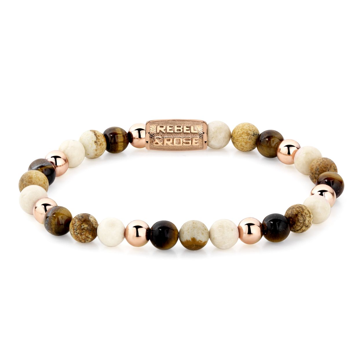Edelstenen bead armband, handgemaakt van 6mm Fossil, Lithographic en gele Tijgeroog stenen met roségoud vergulde ballen en een roségoud vergulde sluiting. Het Rebel & Rose sieraad is makkelijk te combineren met de andere zilveren, leren of kralenarmbanden.
Referentie: RR-60044-R-M
Maat M: 17,5 cm