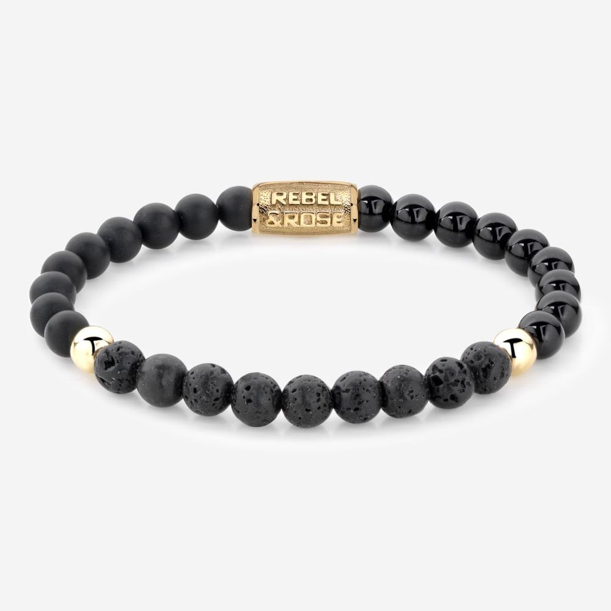 Natuurstenen armband van het merk Rebel & Rose. De armband heeft een hoogwaardige elastische stretch koord, 6mm Lavasteen, Onyx en Agaat natuurstenen beads en geelgoud plated RVS slotje
