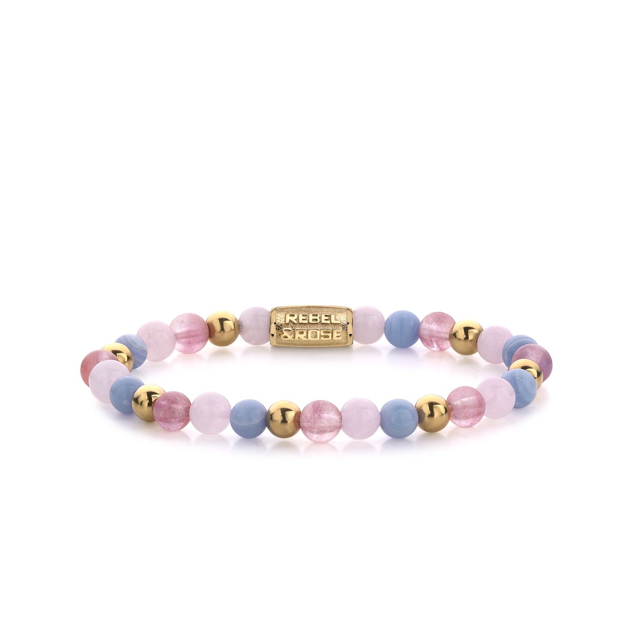 Natuurstenen armband met cherry/roze kwarts en blauw agaat.
Pink Summer Vibes II 16.5 cm