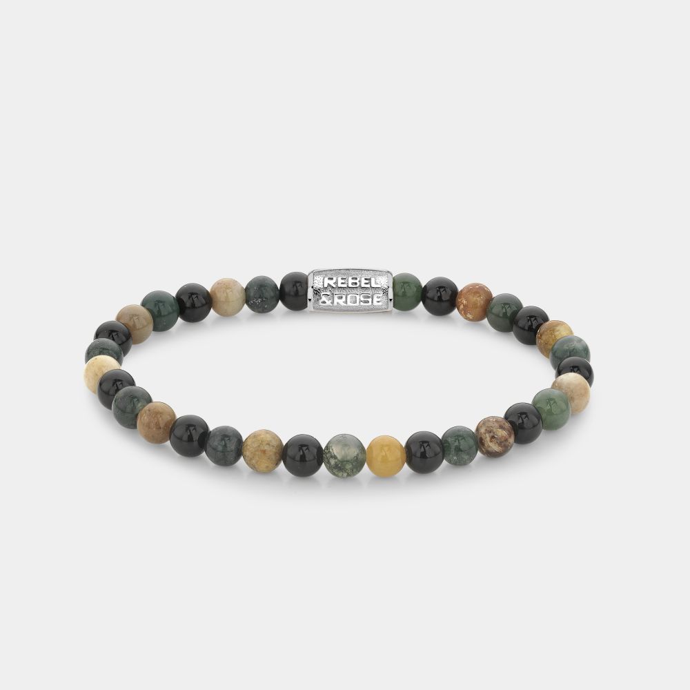 Dit is een herenarmband van het merk Rebel & Rose uit de collectie: 'Bracelets Beads'.

Specificaties:
Maat: L+ (20 cm)
Beads 6mm
Kleur(en): mix, zwart, grijs, wit
Materiaal Sluiting: Edelstaal
Steensoort(en): ryoliet, chrysant en agaat
Steenkleur: bruin en beige, groen en zwart