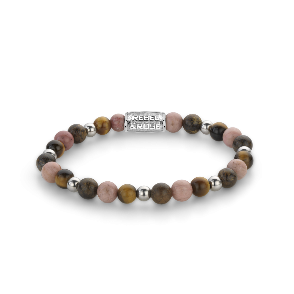 Armband van het merk Rebel & Rose. De armband heeft een hoogwaardige elastische stretch koord, met 6mm van Tijgeroog, Rhodochrosiet, Bronziet.