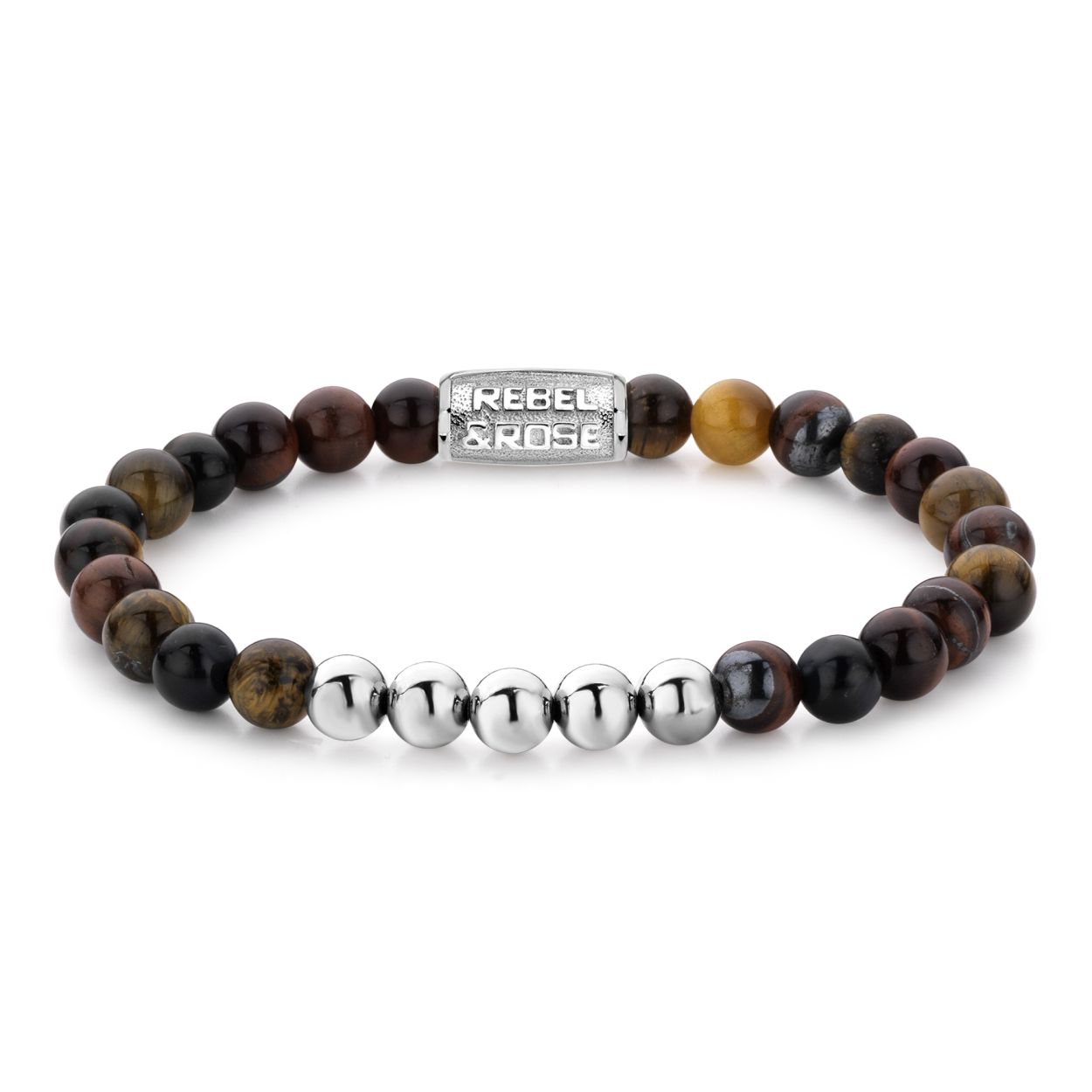 Dit is een armband van Rebel en Rose. Dit sieraad heeft een tijgeroog 3-kleur.