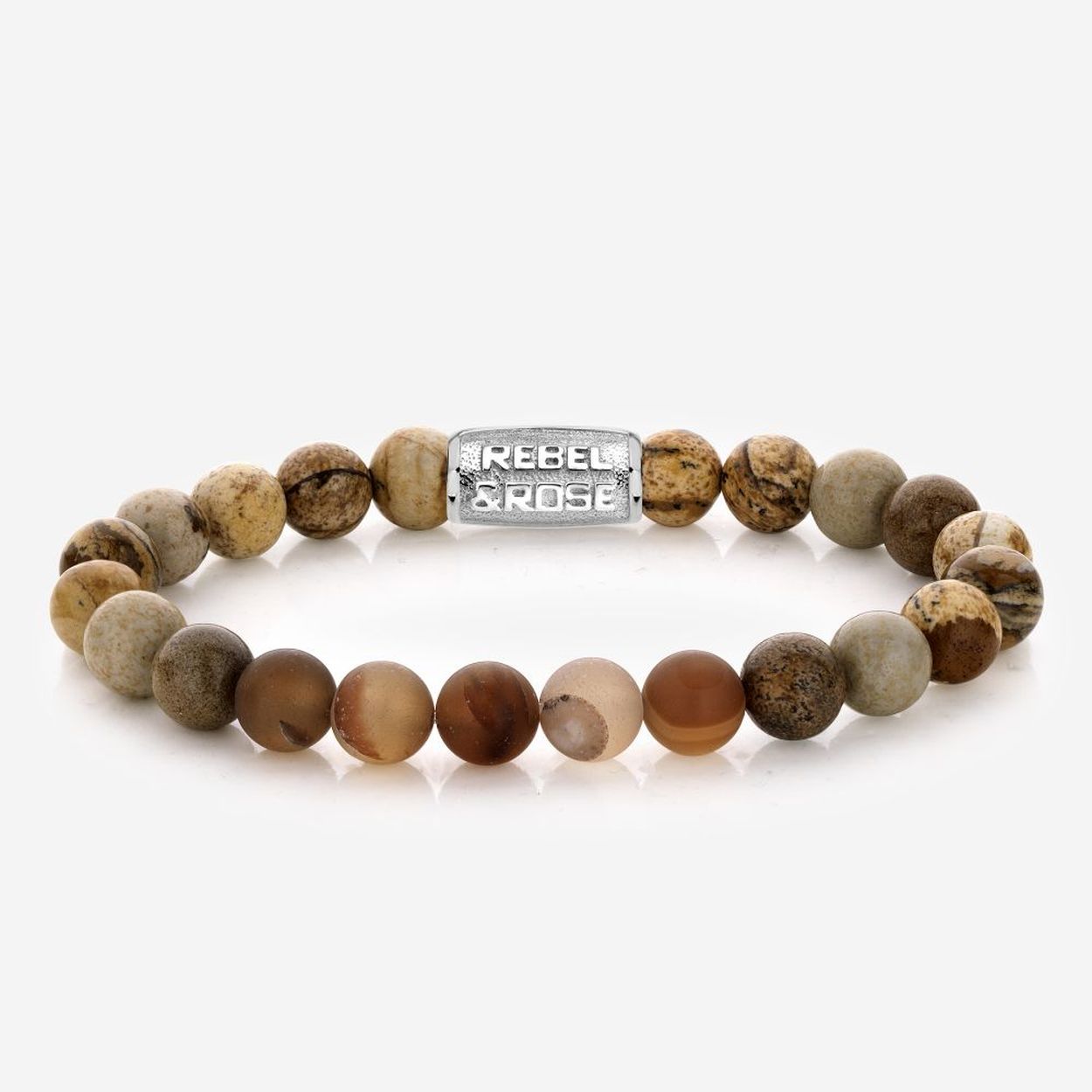 Natuurstenen armband van het merk Rebel & Rose. De armband heeft een hoogwaardige elastische stretch koord, 8mm beads van Jaspis en bruin Agaat