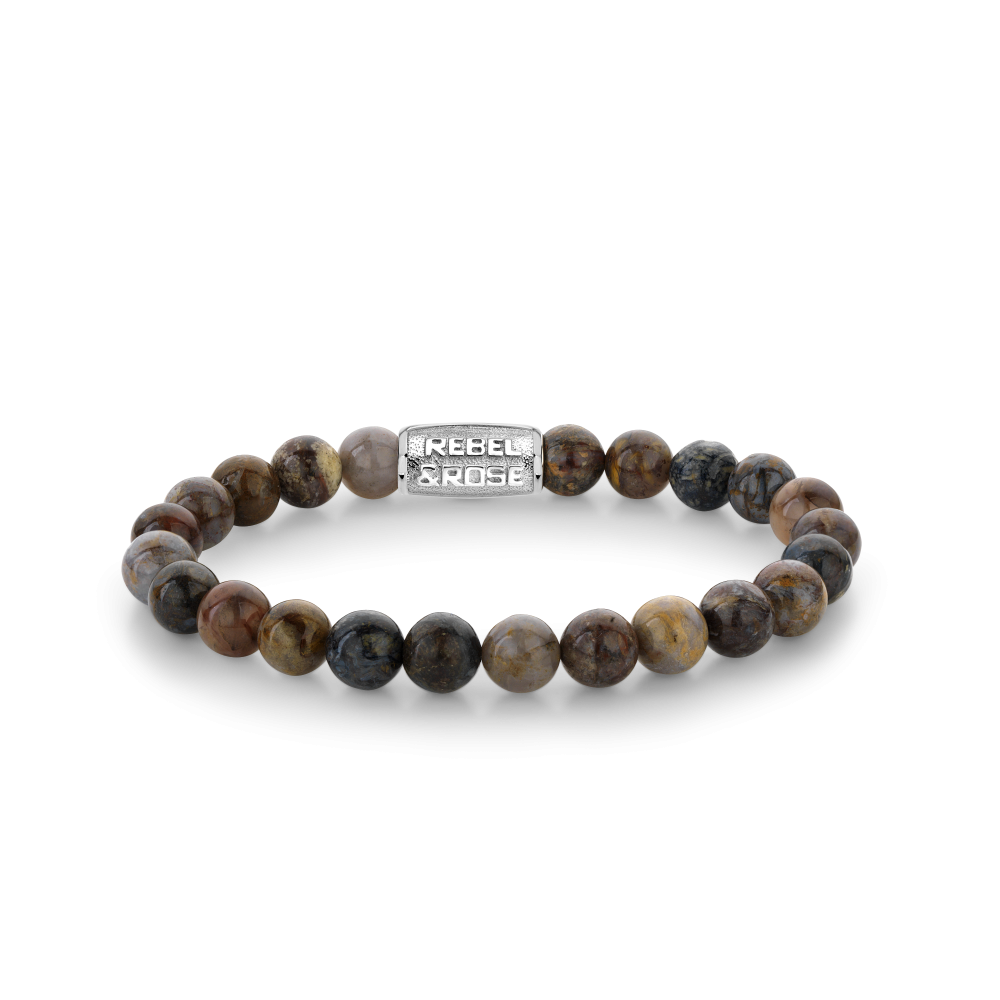 Armband van het merk Rebel & Rose. De armband heeft een hoogwaardige elastische stretch koord, met 8mm kralen van Pietersite.