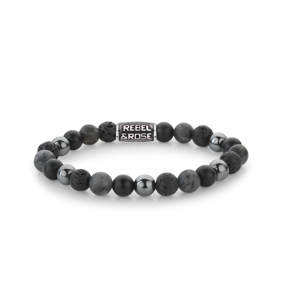Armband van het merk Rebel & Rose. De armband heeft een hoogwaardige elastische stretch koord, met 8mm kralen van Onyx, Larvikiet, Lava, Hematiet.
