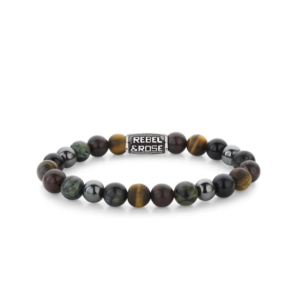 Armband van het merk Rebel & Rose. De armband heeft een hoogwaardige elastische stretch koord, met 8mm kralen van Tiger Eye Blue, Tiger Eye Yellow, Brecciated Jasper, Ryolite, Hematite Grey.