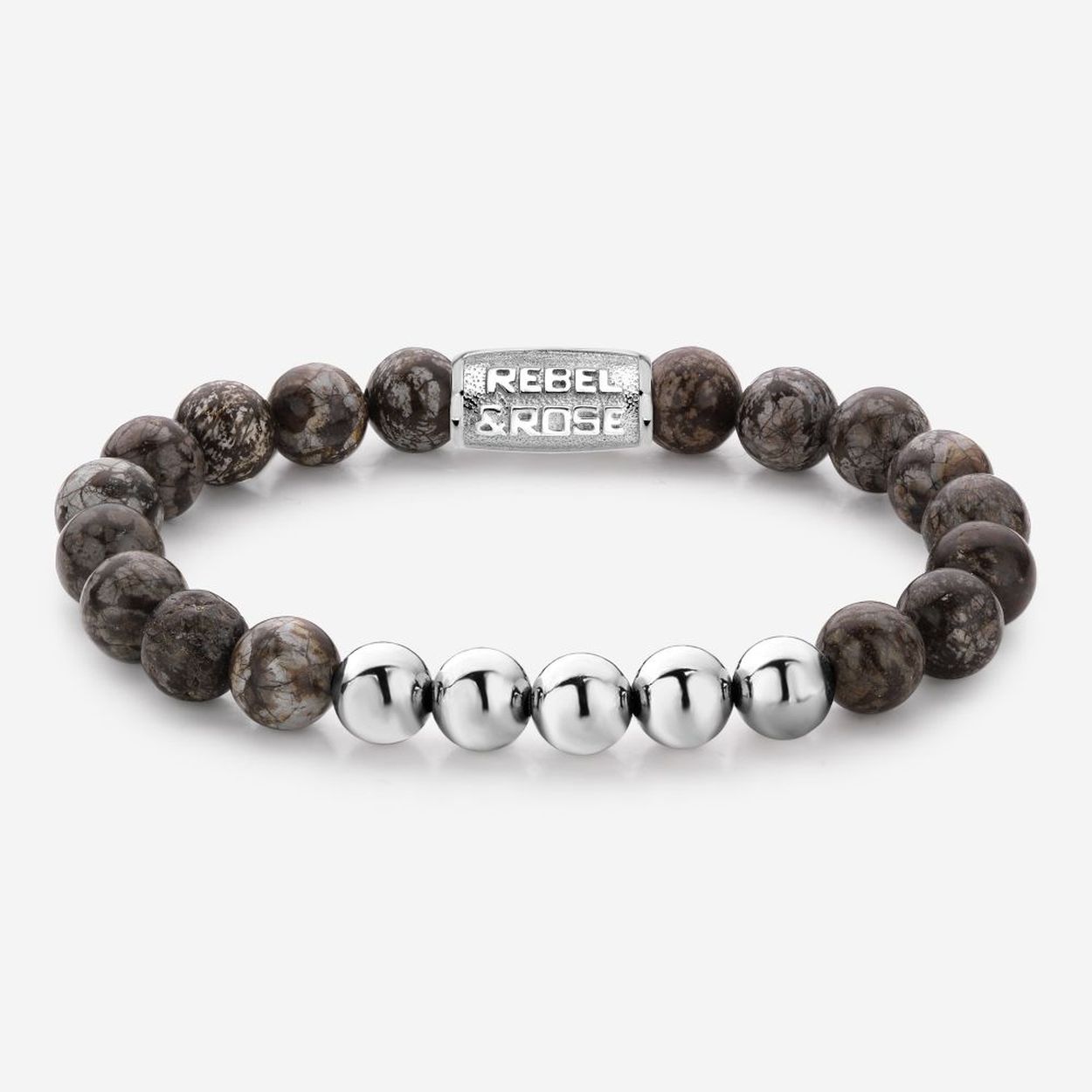 Natuurstenen armband van het merk Rebel & Rose. De armband heeft een hoogwaardige elastische stretch koord, bruine 8mm Obsidiaan natuurstenen beads, 5 RVS balls en RVS slotje