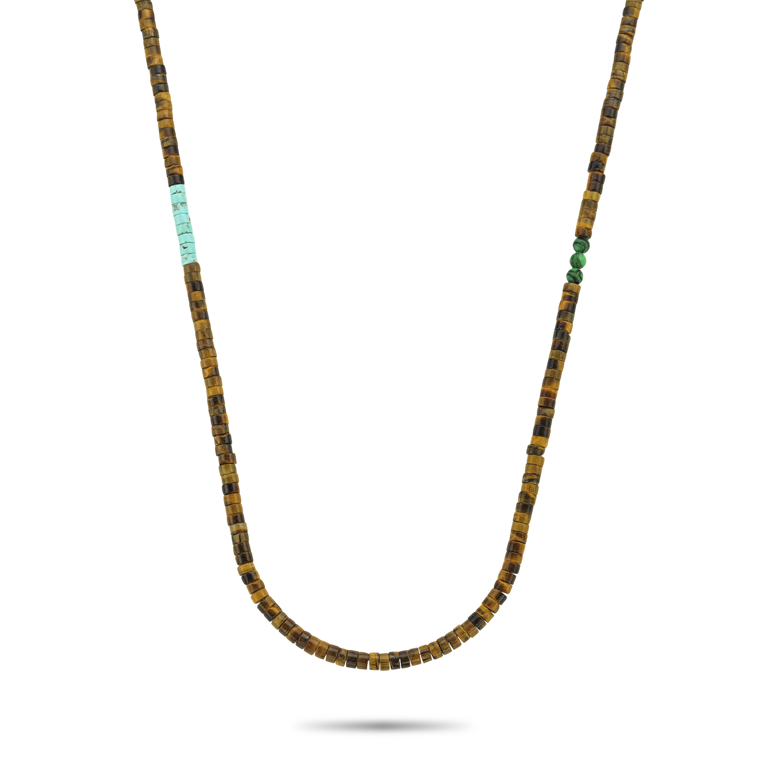 Dit is een collier van het merk Rebel & Rose
Bead ketting handgemaakt van 4mm geel bruine Tijgeroog, Turquoise, en groene Malachite stenen in de vorm van "schijfjes" met een edelstalen schroefsluiting. Het Rebel & Rose sieraad is makkelijk te combineren met zilveren, leren of kralenarmbanden.