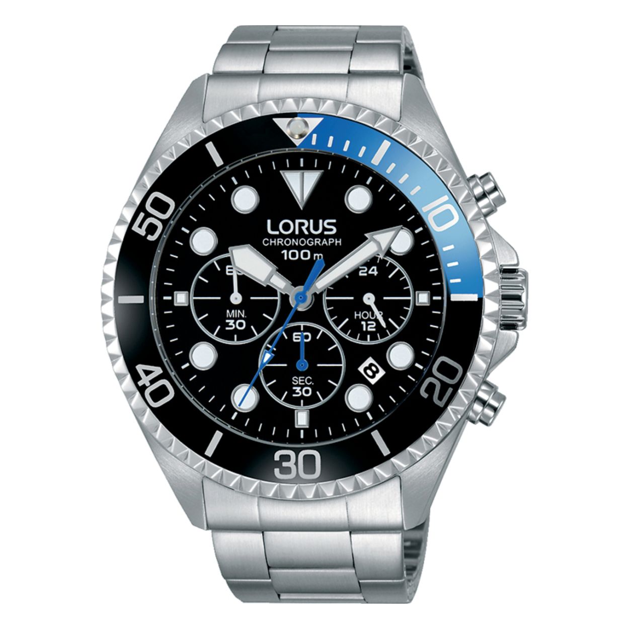 Dit herenhorloge is van het merk Lorus. Het is een chronograaf horloge gemaakt van staal. De diameter van de kast is 45 mm en de kast is 12.8 mm dik.
De verdere specificaties van het horloge zijn als volgt:
Glassoort: hardlex mineraal glas
Bandbreedte: 20
Kastmateriaal: staal
Waterdichtheid: 10 ATM
Techniek: quartz