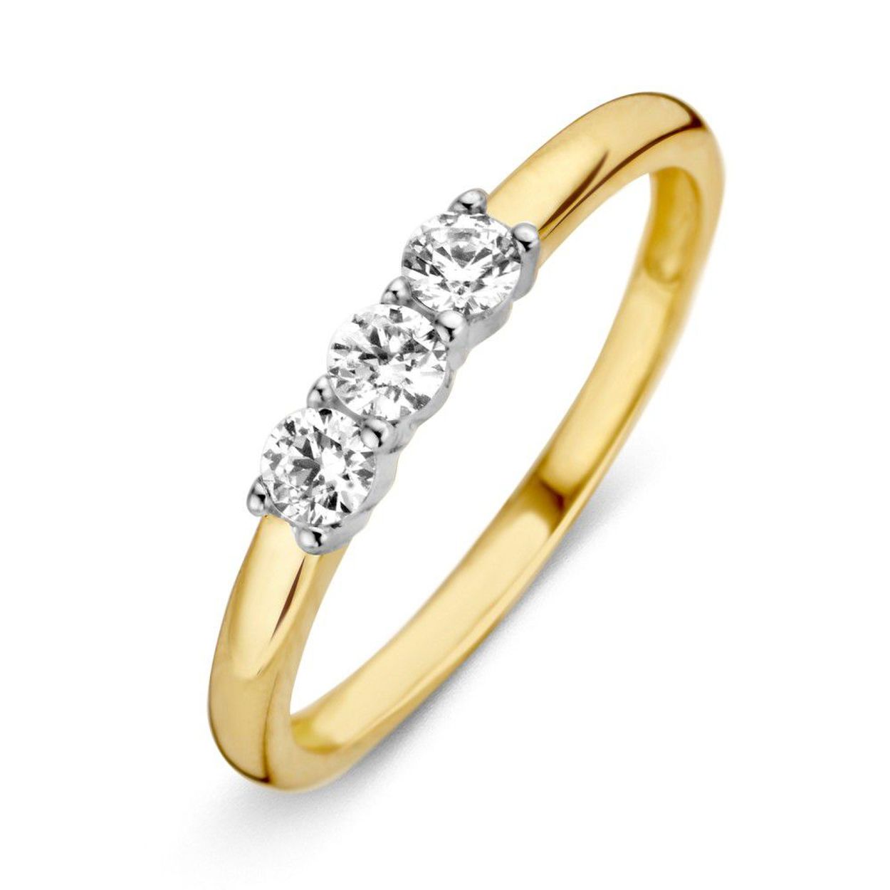 Een bicolorgeel en witgouden ring getzet met zirkonia. Deze ring verveeld nooit.