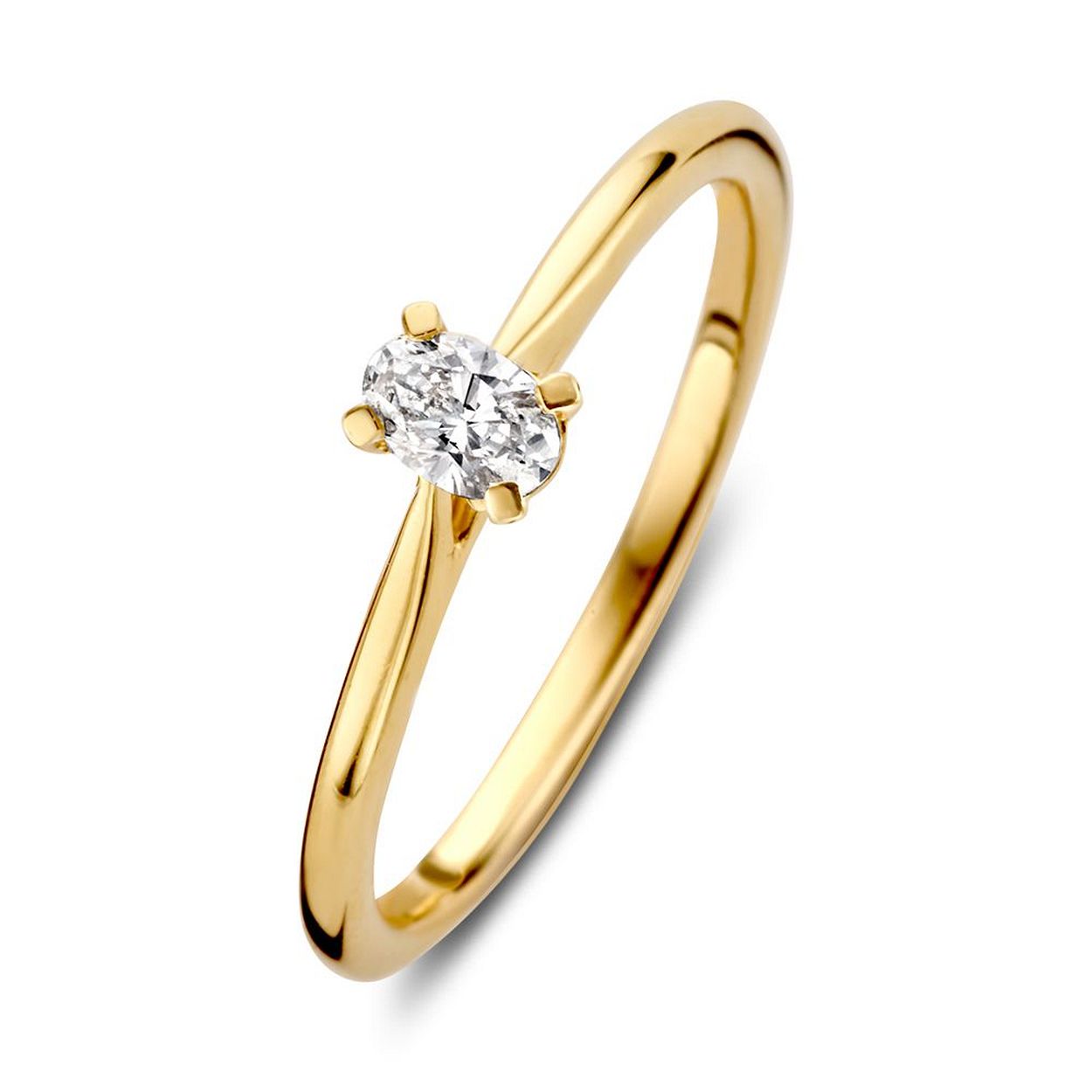 Geelgouden ring met ovaal geslepen diamant als middensteen. �Deze ring is goed te combineren met een gladde�of diamanten aanschuifsring.�
 
