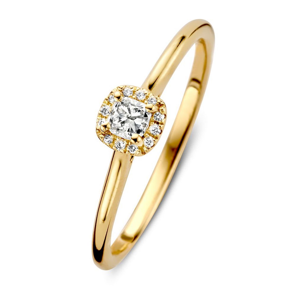 Geelgouden ring met briljant�geslepen diamant in vierkante entourage zetting. Dankzij de verhoogde zetting, is de ring goed te combineren met een gouden of diamanten aanschuifring.�
 
Middensteen 0.18 crt