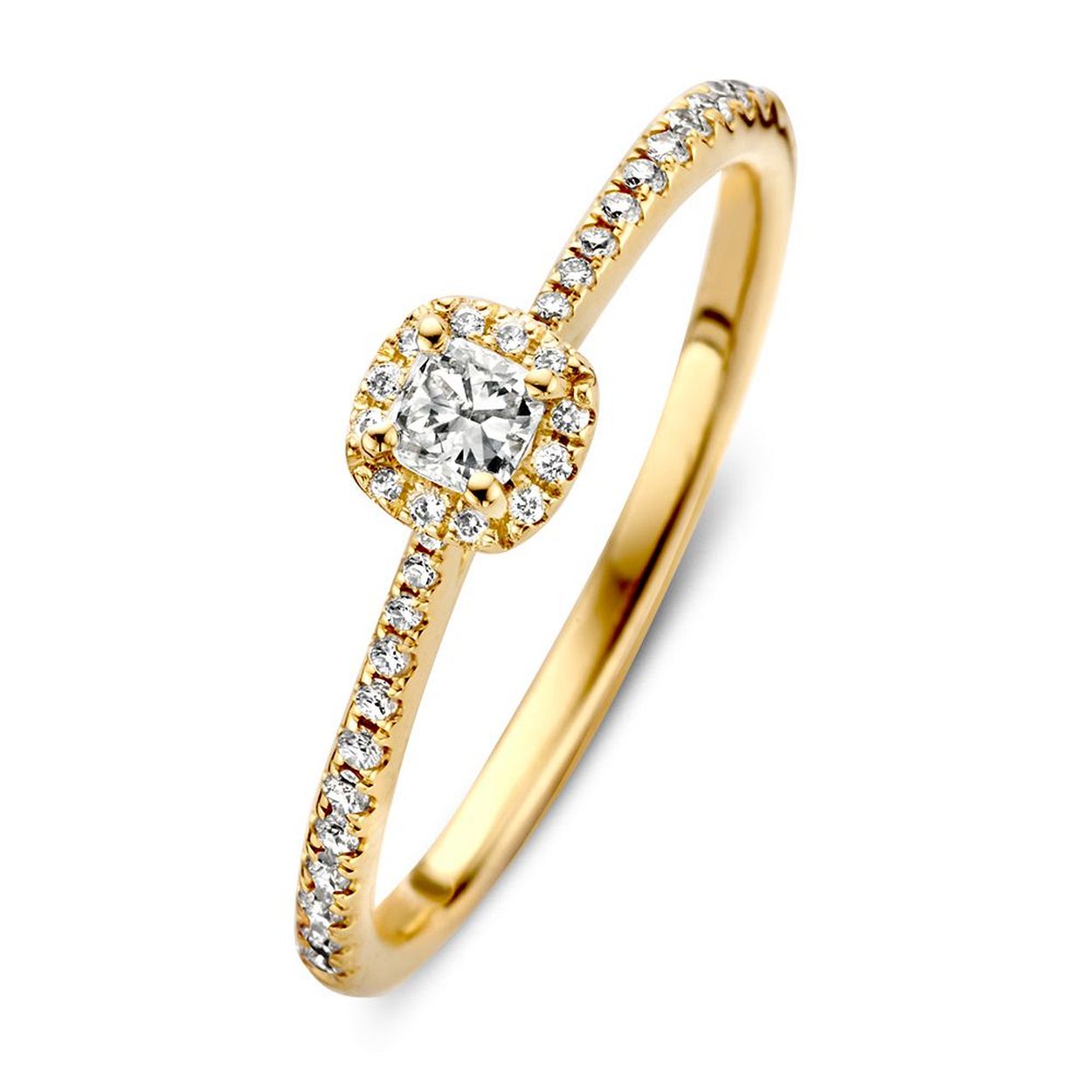 Geelgouden ring met princess geslepen diamant in vierkante entourage zetting. Dankzij de verhoogde zetting, is de ring goed te combineren met een gouden of diamanten aanschuifring.�
 
Middensteen 0.20 crt