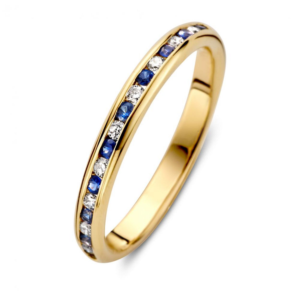 Geelgouden ring met saffier en diamant in een strakke railszetting. Prachtig om te combineren met andere gouden ringen.�
 
Saffier 0.22 crt