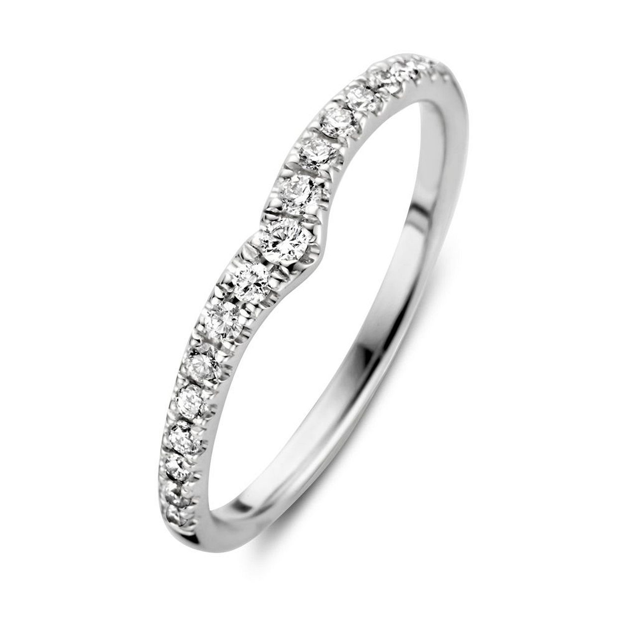 Witgouden ring met v-design, waardoor hij goed gecombineerd kan worden met bijvoorbeeld een solitairring. 
 
