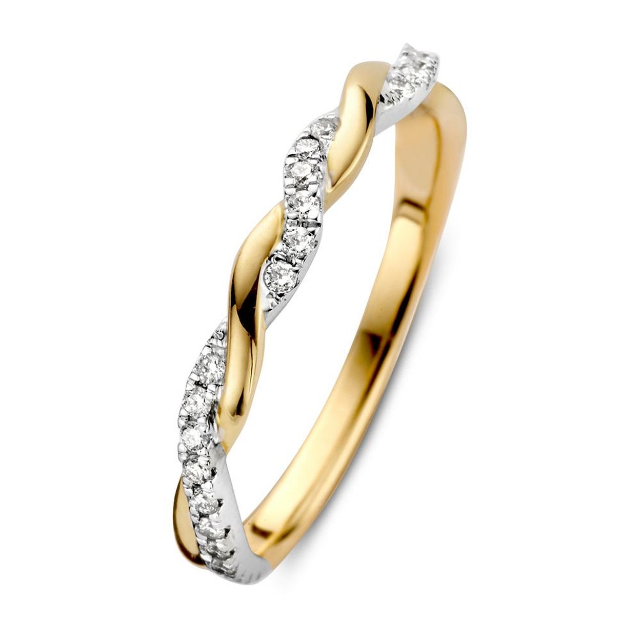 Bicolor gouden ring met gedraaid design, gezet met diamant.�
 
