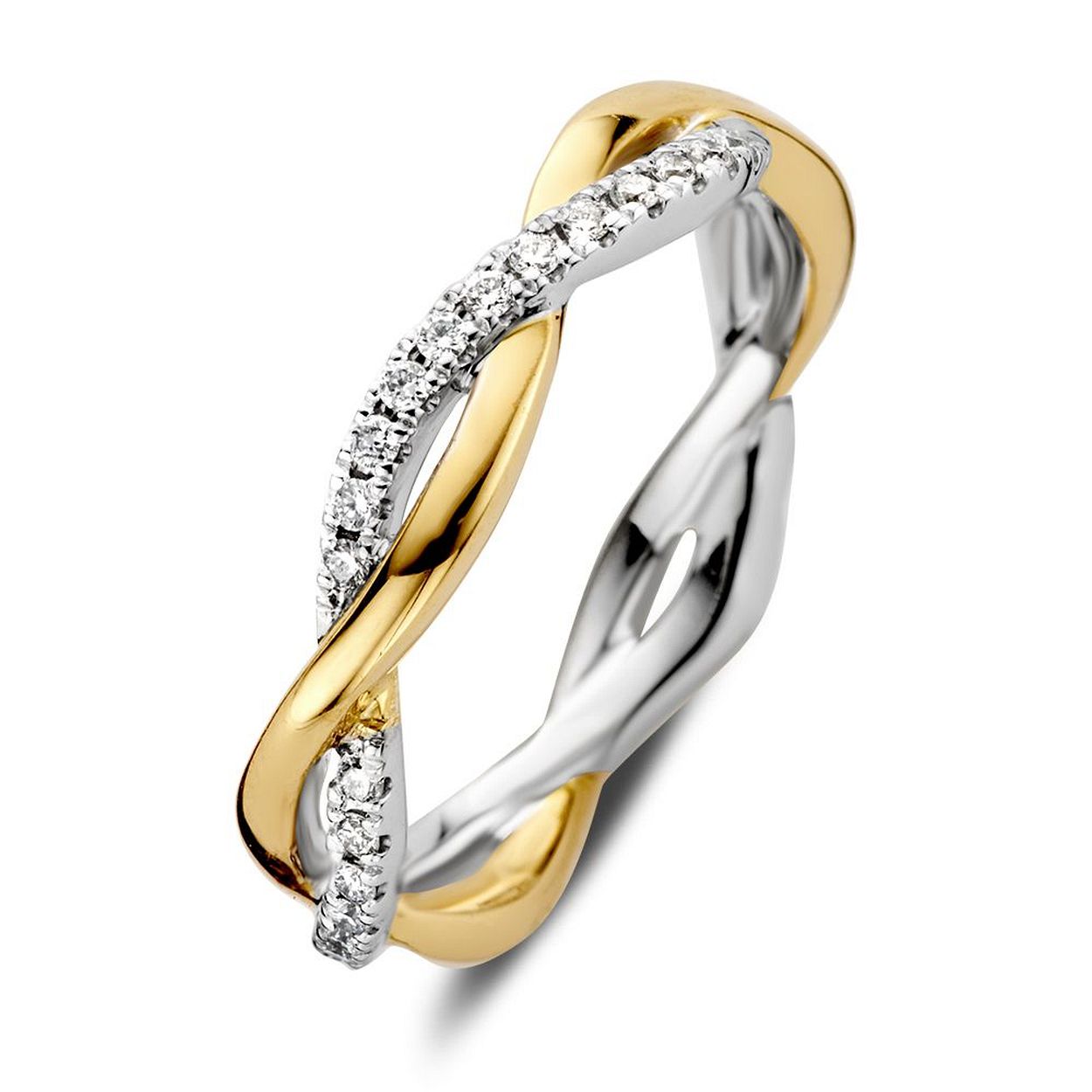 Bicolor gouden ring met rondom gedraaid design, gezet met diamant.�
 
