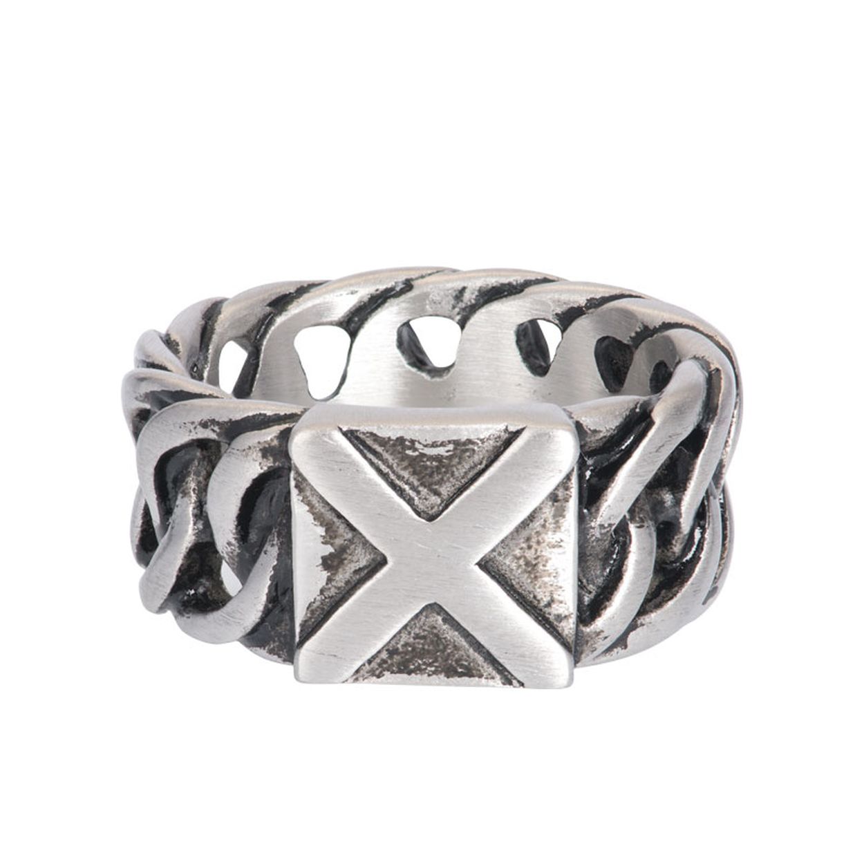 Stoere herenring van iXXXi. De ring is gemaakt van edelstaal. Doordat de ring gemaakt is van edelstaal blijft deze lang mooi. De maat van de ring is 22.