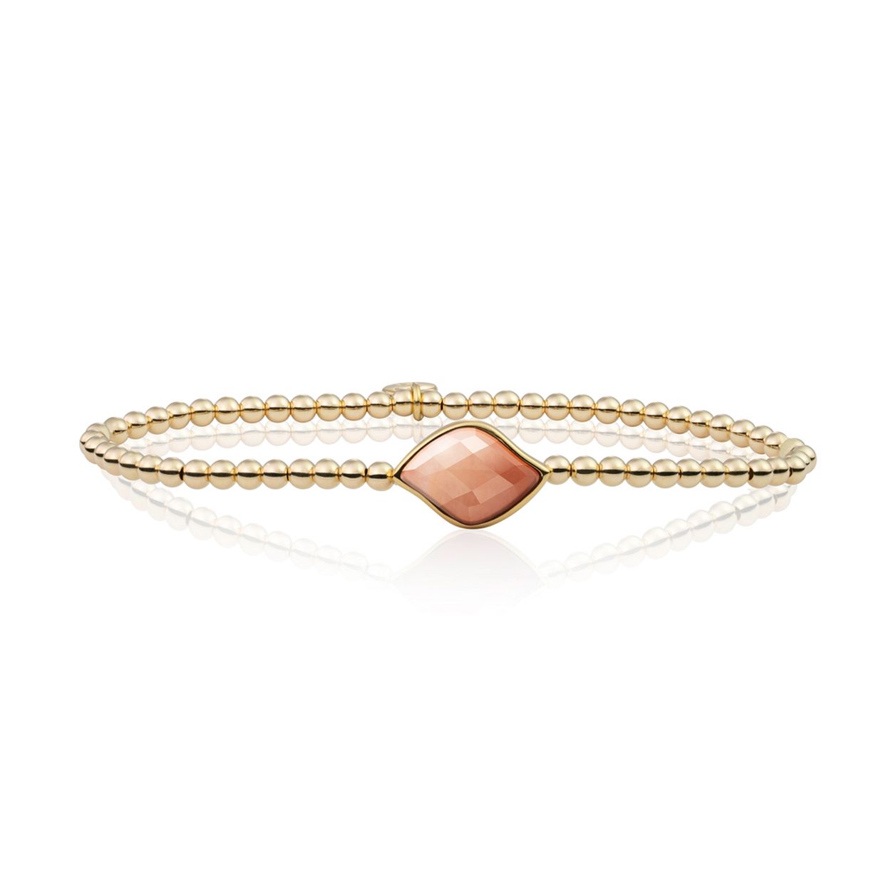 Dit is een armband van het merk Sparkling Jewels. De maat is 17.5cm. De kleur is goud. Dit sieraad bevat een perzik rhodoniet (peach rhodonite).