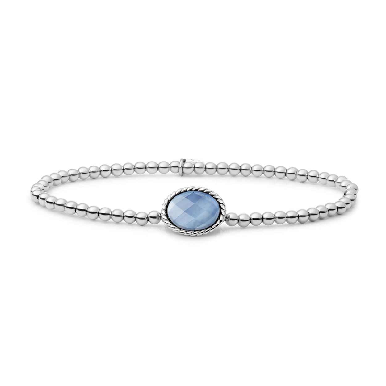 Dit is een armband van het merk Sparkling Jewels. De maat is 17.5cm. De kleur is zilver. Dit sieraad bevat een blauwe kant agaat (blue lace agate).