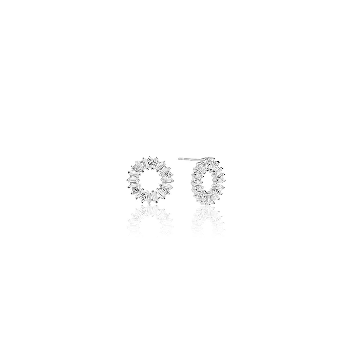 Zilveren oorstekers met facet geslepen en baguette zirkonium - 14 mm diameter - Collectie: Antella Circolo